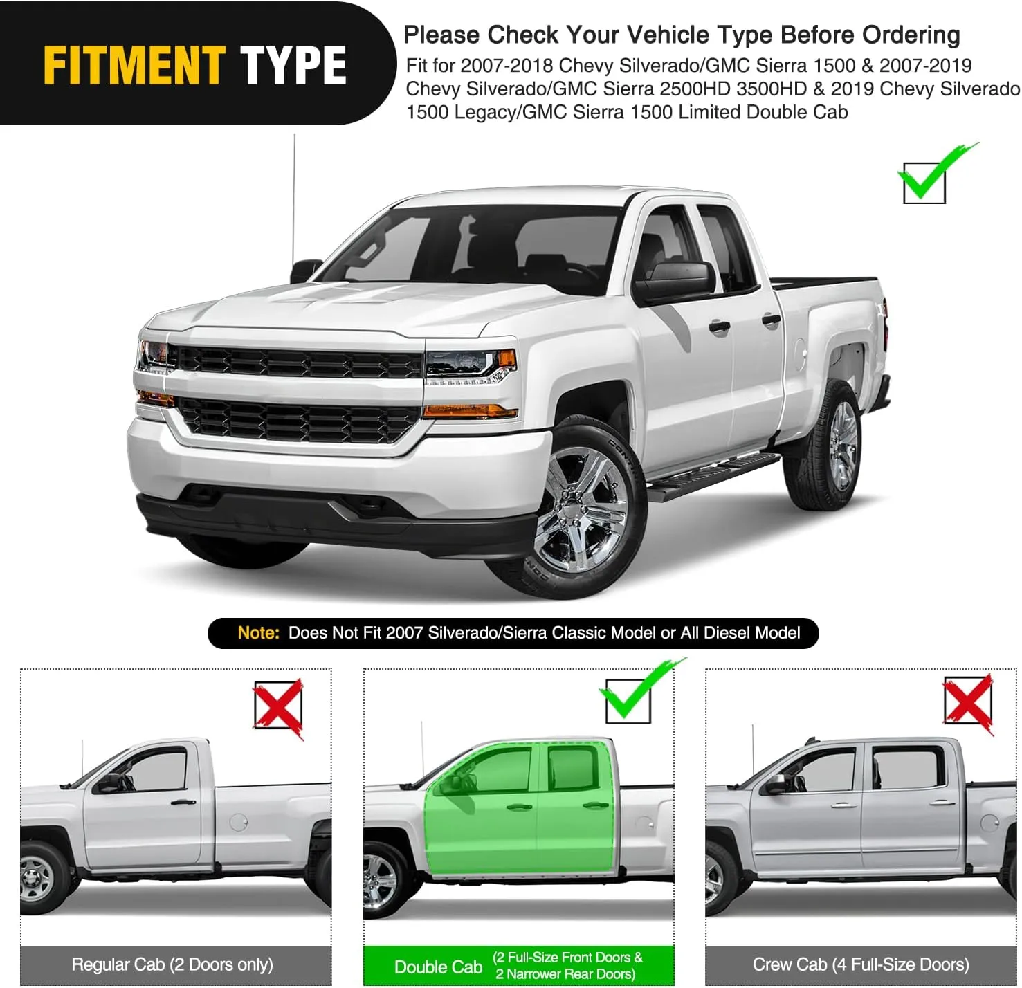 2007-2018 Chevy Silverado/GMC Sierra 1500 Double Extended Cab 2007-2019 Chevy Silverado/GMC Sierra 2500HD 3500HD 6 Inch Aluminum Side Step Nerf Bars Running Boards
