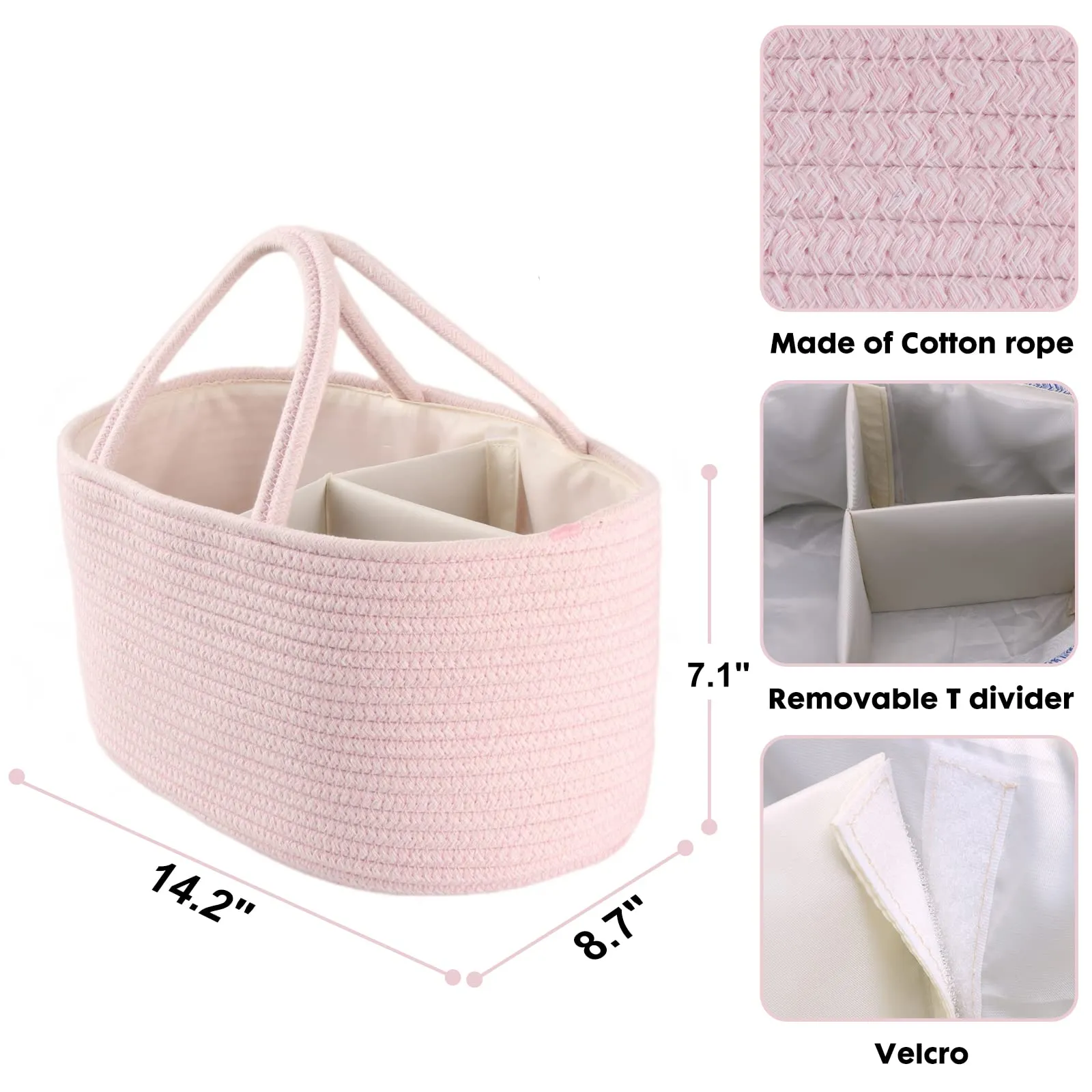 Baby Diaper Caddy Organizer for Girl Boy Rope Nursery Storage Bin Basket Portable Holder Tote Bag for Changing Table Car Travel Baby Shower Gifts Newborn Essentials Registry Must Have Items Pink Regular Light pink