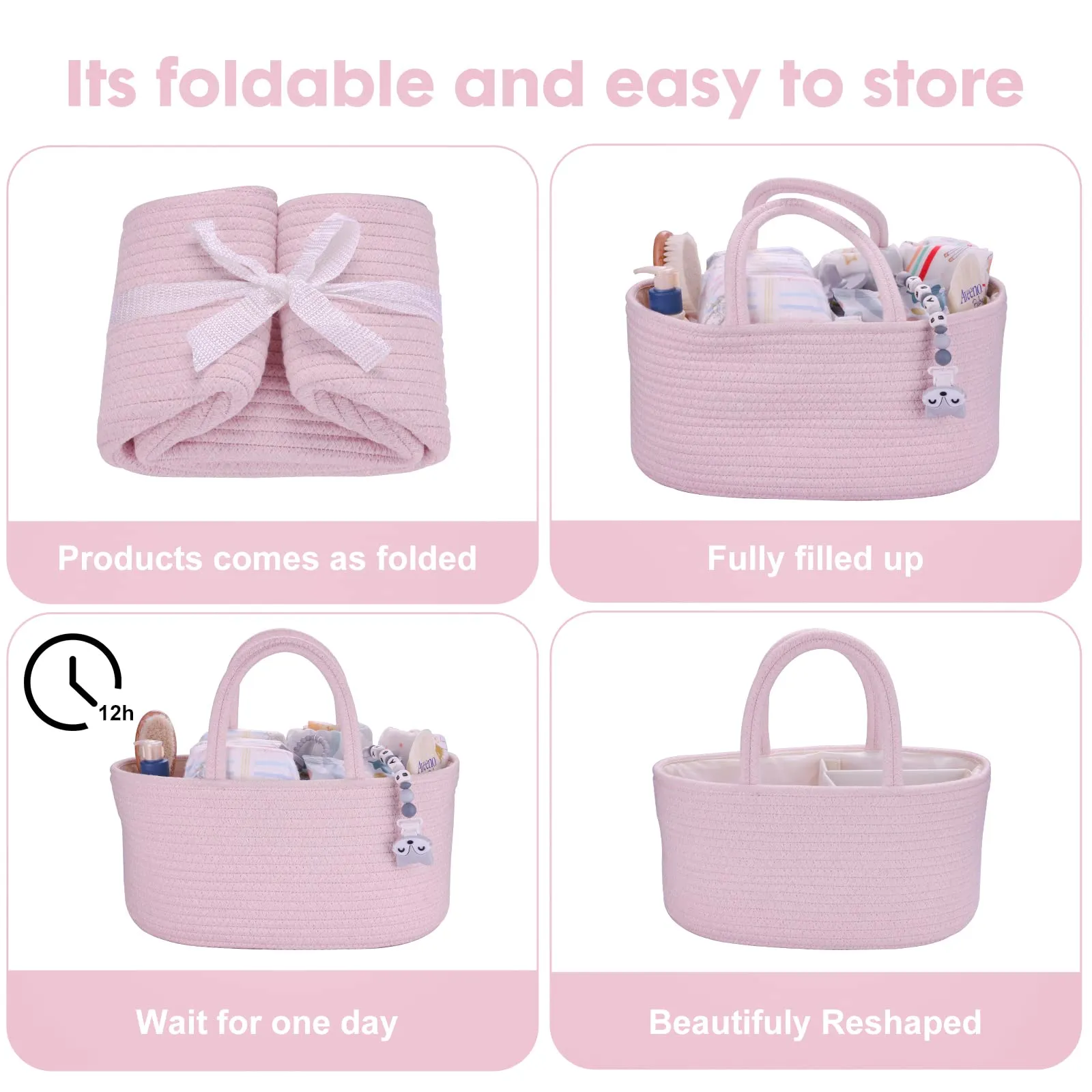 Baby Diaper Caddy Organizer for Girl Boy Rope Nursery Storage Bin Basket Portable Holder Tote Bag for Changing Table Car Travel Baby Shower Gifts Newborn Essentials Registry Must Have Items Pink Regular Light pink