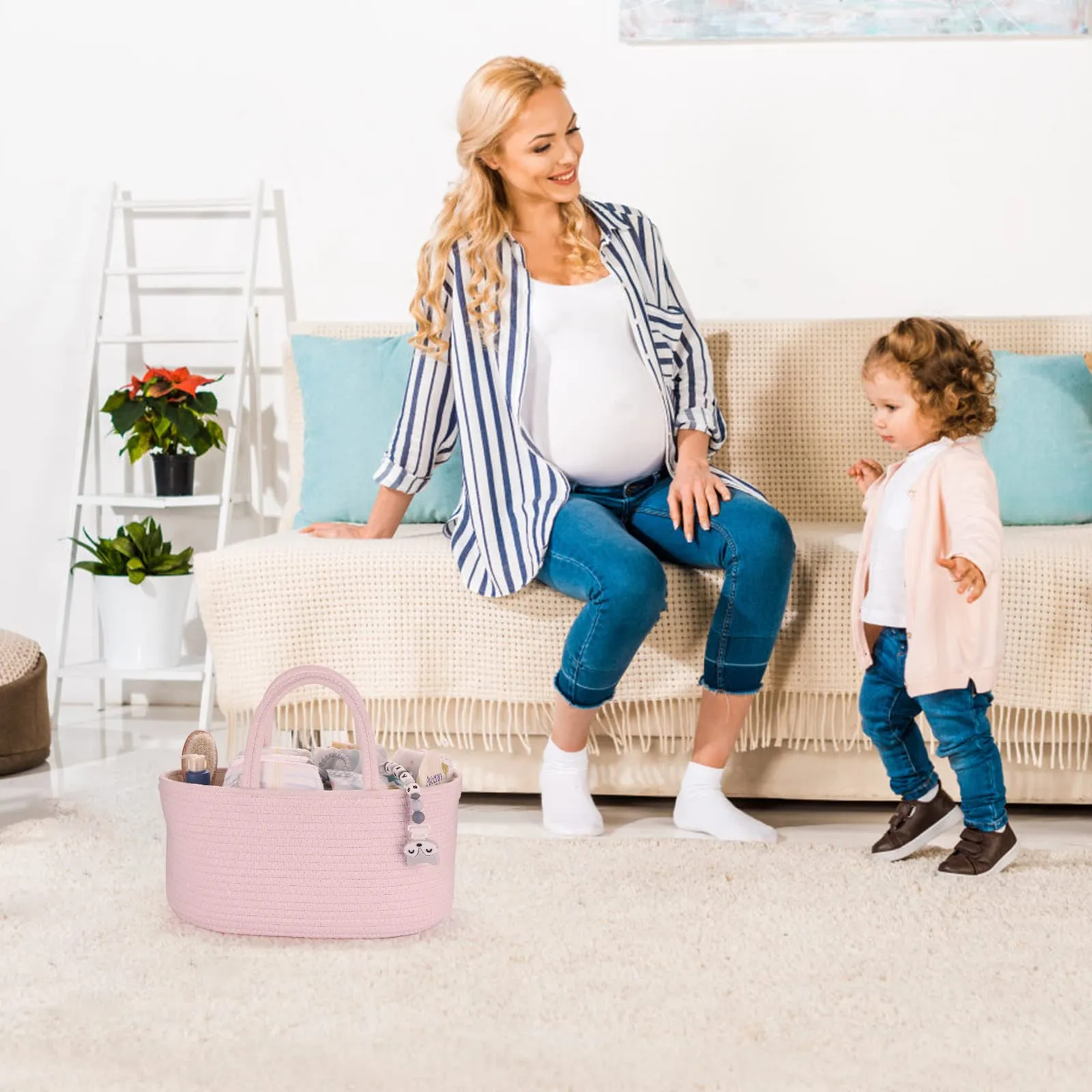 Baby Diaper Caddy Organizer for Girl Boy Rope Nursery Storage Bin Basket Portable Holder Tote Bag for Changing Table Car Travel Baby Shower Gifts Newborn Essentials Registry Must Have Items Pink Regular Light pink
