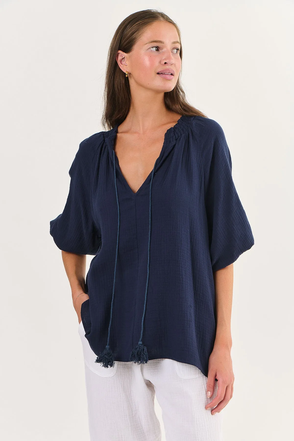 Cotton V-Neck Tassel Top