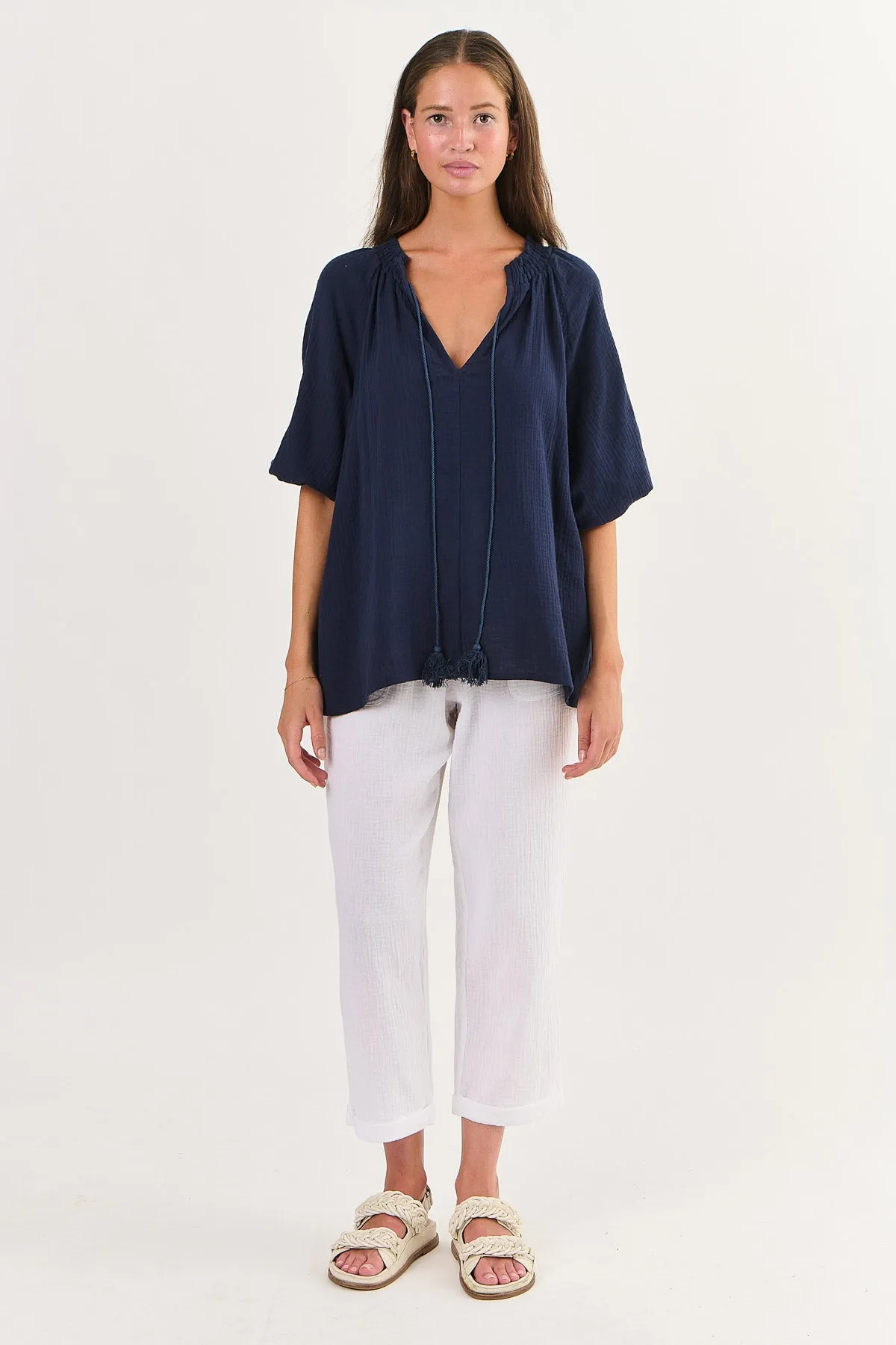 Cotton V-Neck Tassel Top