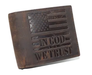 Distressed Vintage Leather Patriotic American Flag Wallet - Western Style ‘IN GOD WE TRUST’ RFID Blocking Leather US Flag Men's Bifold Wallet