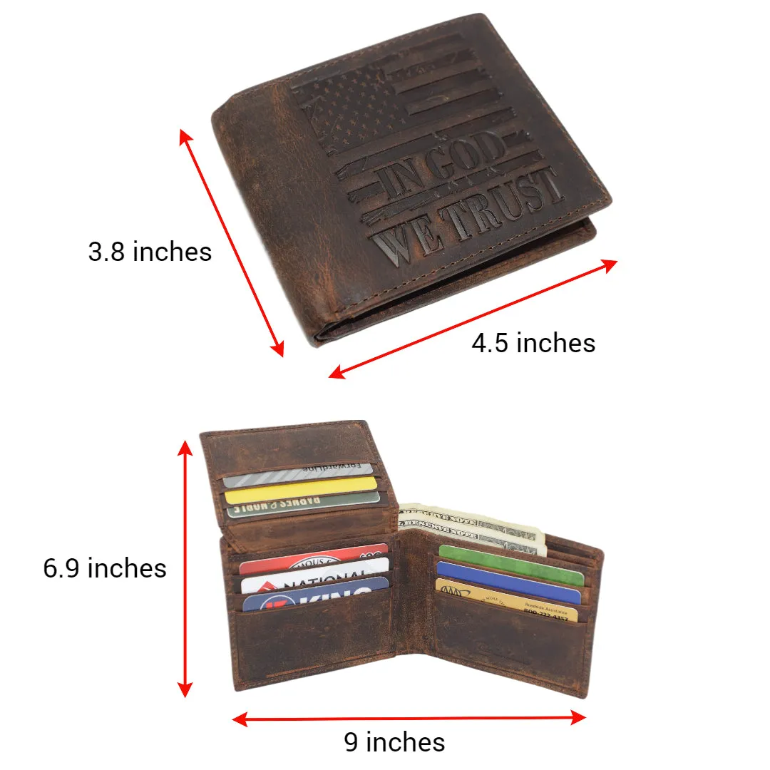 Distressed Vintage Leather Patriotic American Flag Wallet - Western Style ‘IN GOD WE TRUST’ RFID Blocking Leather US Flag Men's Bifold Wallet