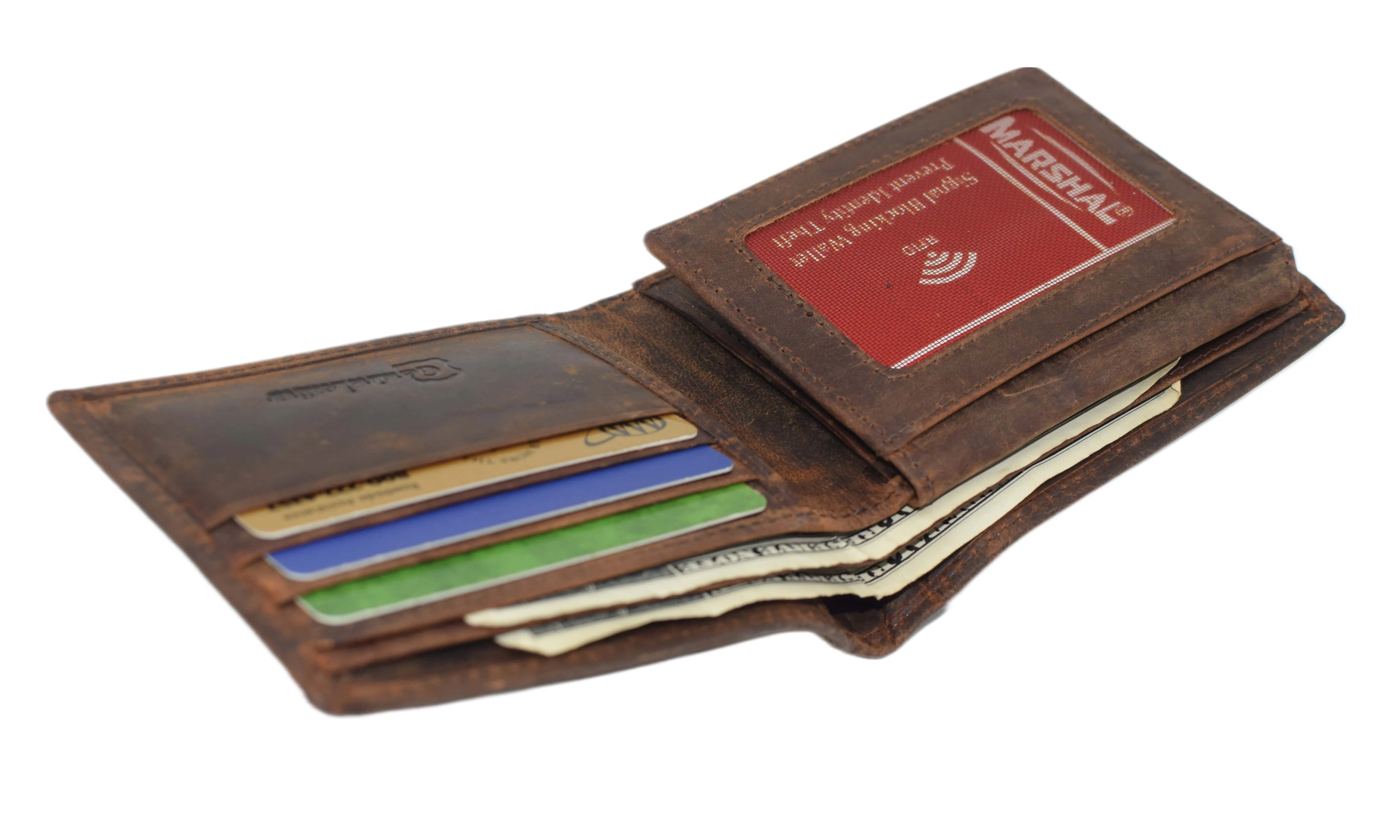 Distressed Vintage Leather Patriotic American Flag Wallet - Western Style ‘IN GOD WE TRUST’ RFID Blocking Leather US Flag Men's Bifold Wallet