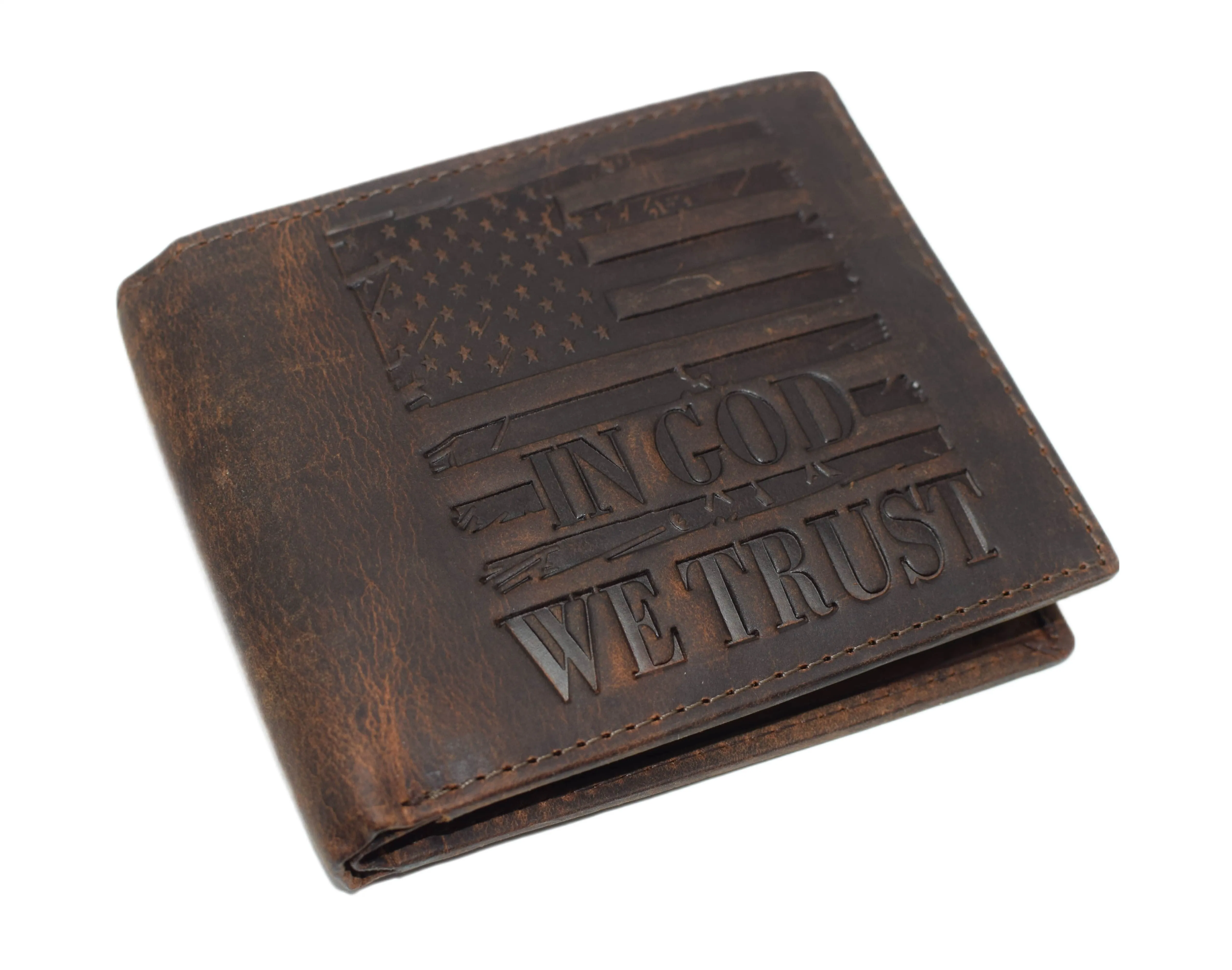 Distressed Vintage Leather Patriotic American Flag Wallet - Western Style ‘IN GOD WE TRUST’ RFID Blocking Leather US Flag Men's Bifold Wallet