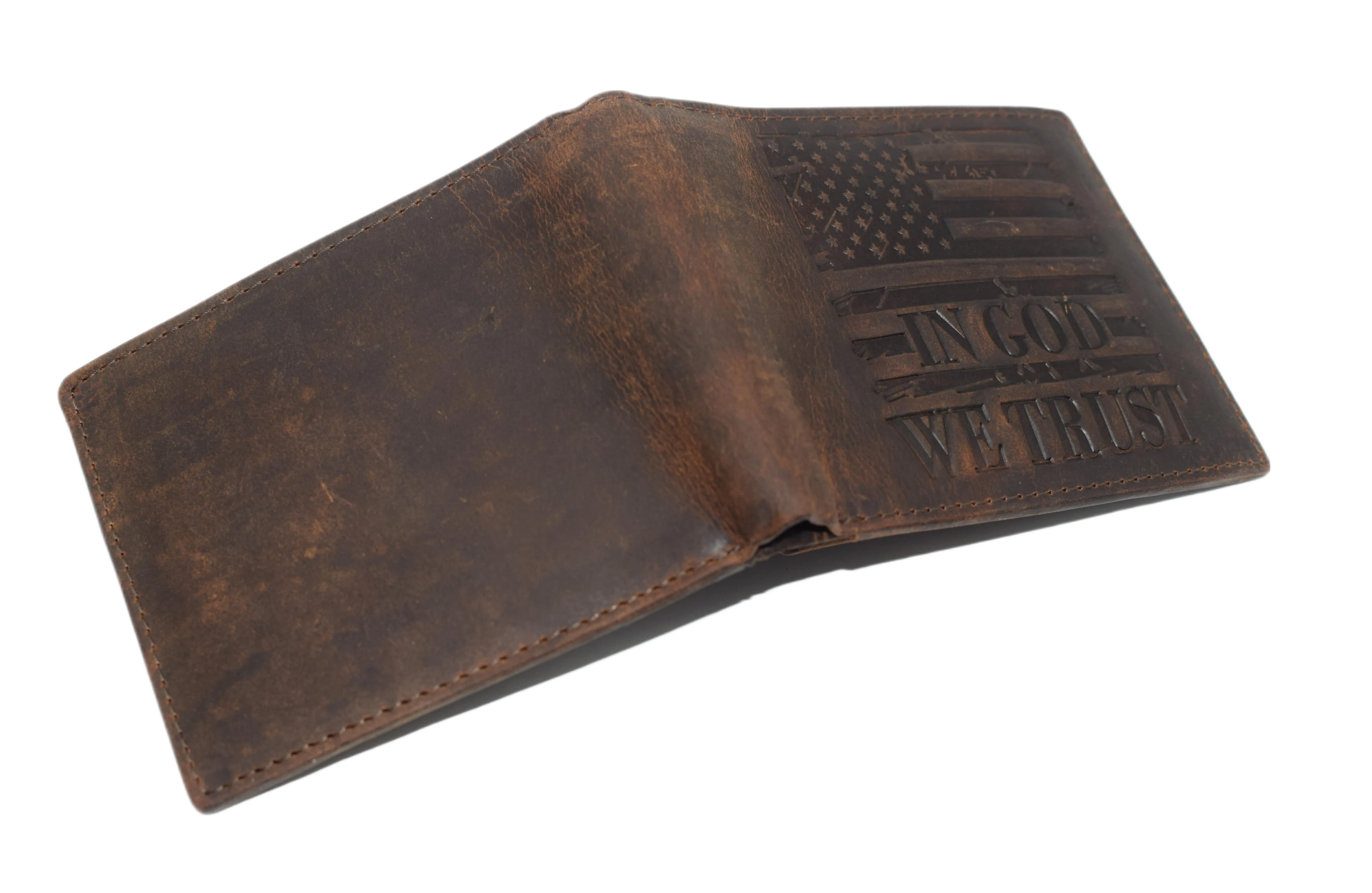 Distressed Vintage Leather Patriotic American Flag Wallet - Western Style ‘IN GOD WE TRUST’ RFID Blocking Leather US Flag Men's Bifold Wallet
