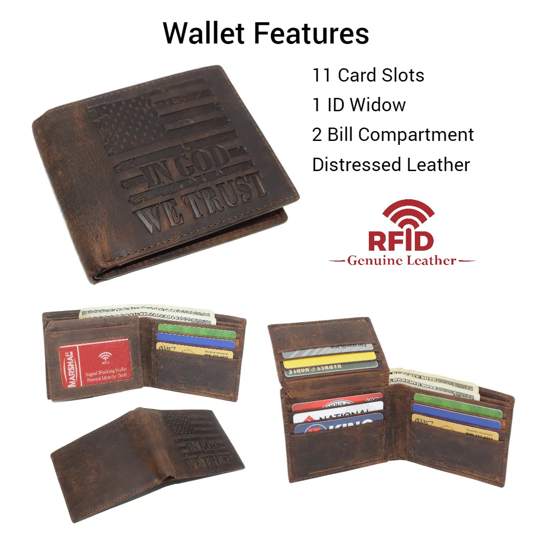 Distressed Vintage Leather Patriotic American Flag Wallet - Western Style ‘IN GOD WE TRUST’ RFID Blocking Leather US Flag Men's Bifold Wallet