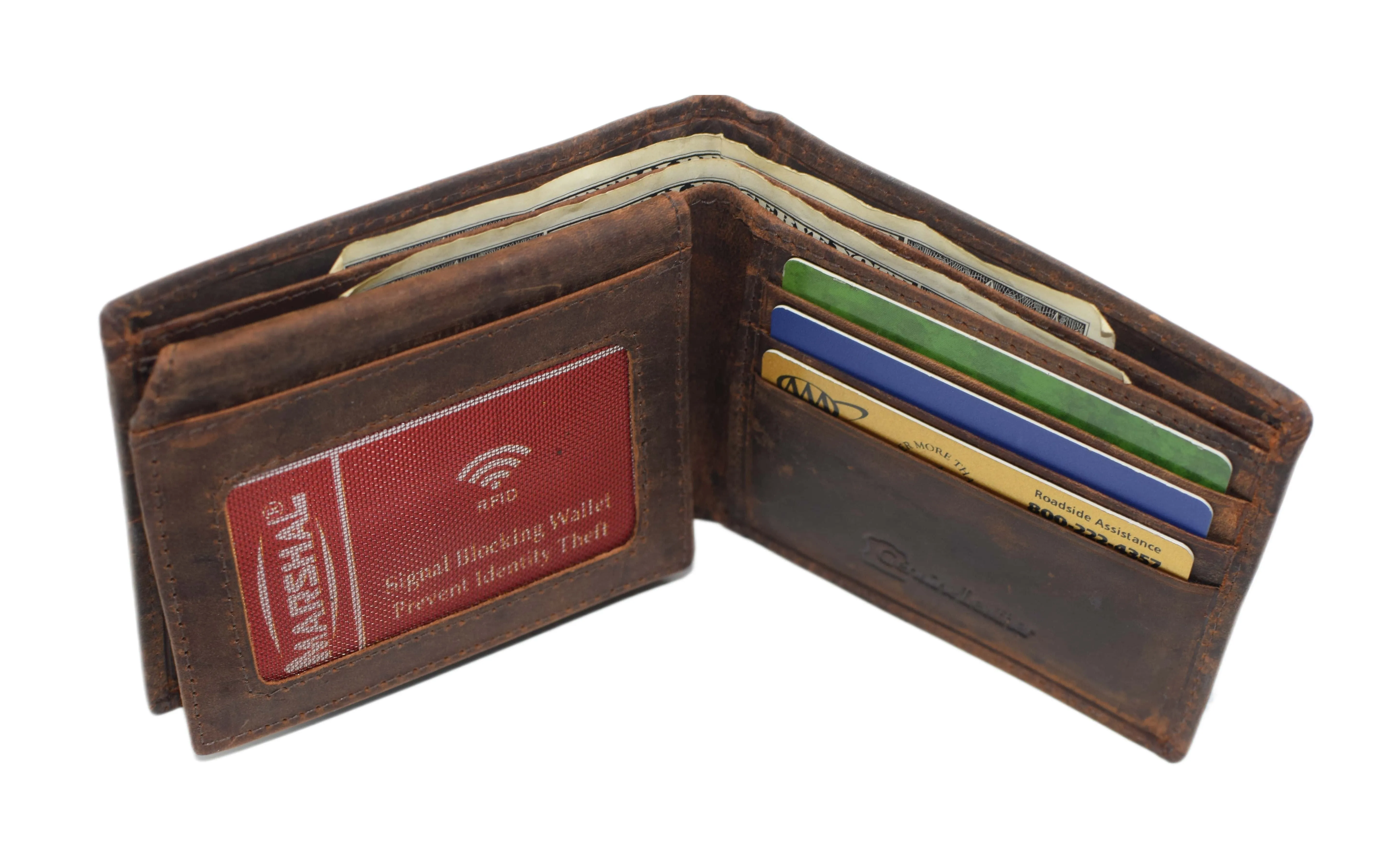 Distressed Vintage Leather Patriotic American Flag Wallet - Western Style ‘IN GOD WE TRUST’ RFID Blocking Leather US Flag Men's Bifold Wallet