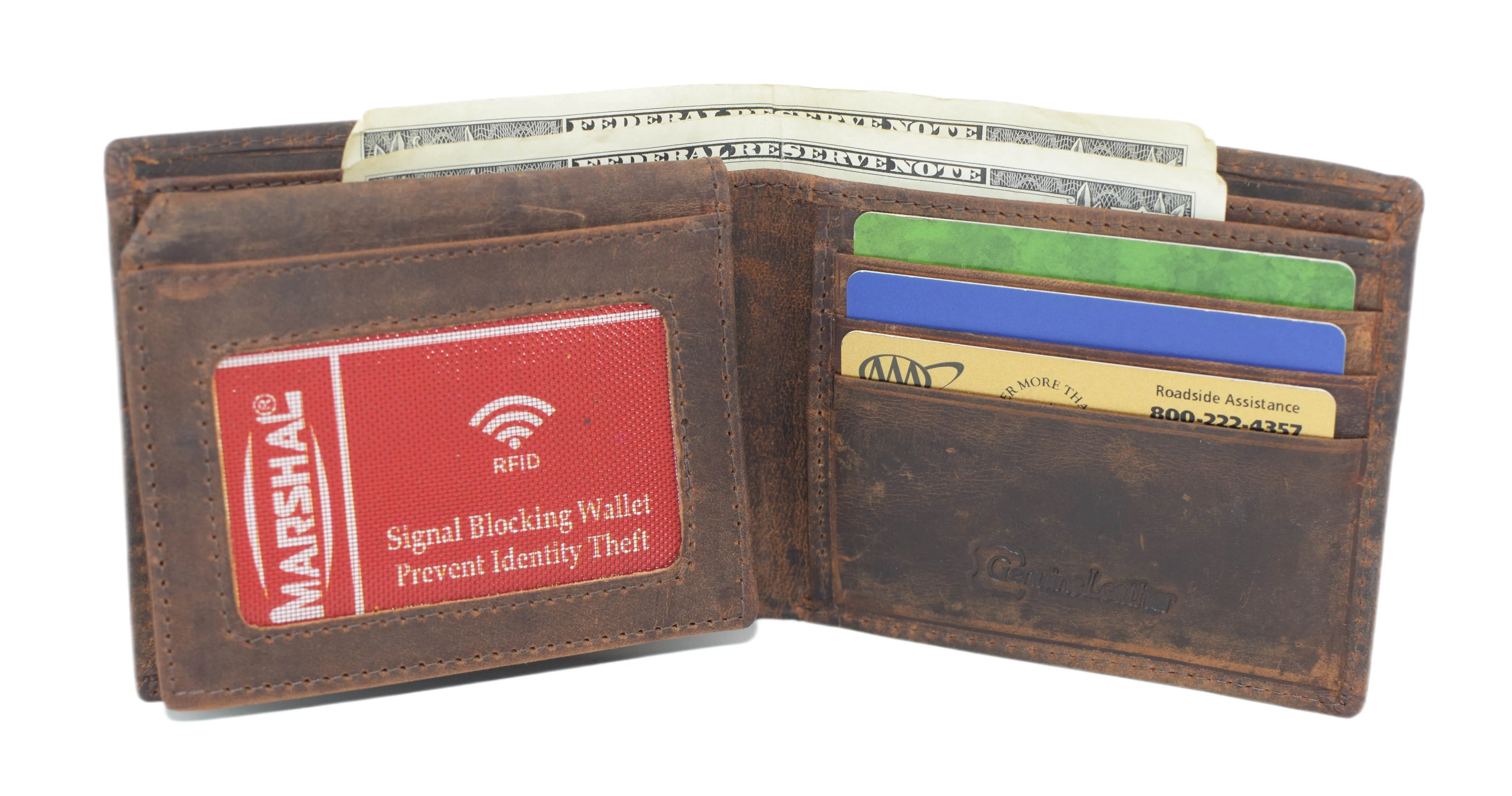 Distressed Vintage Leather Patriotic American Flag Wallet - Western Style ‘IN GOD WE TRUST’ RFID Blocking Leather US Flag Men's Bifold Wallet