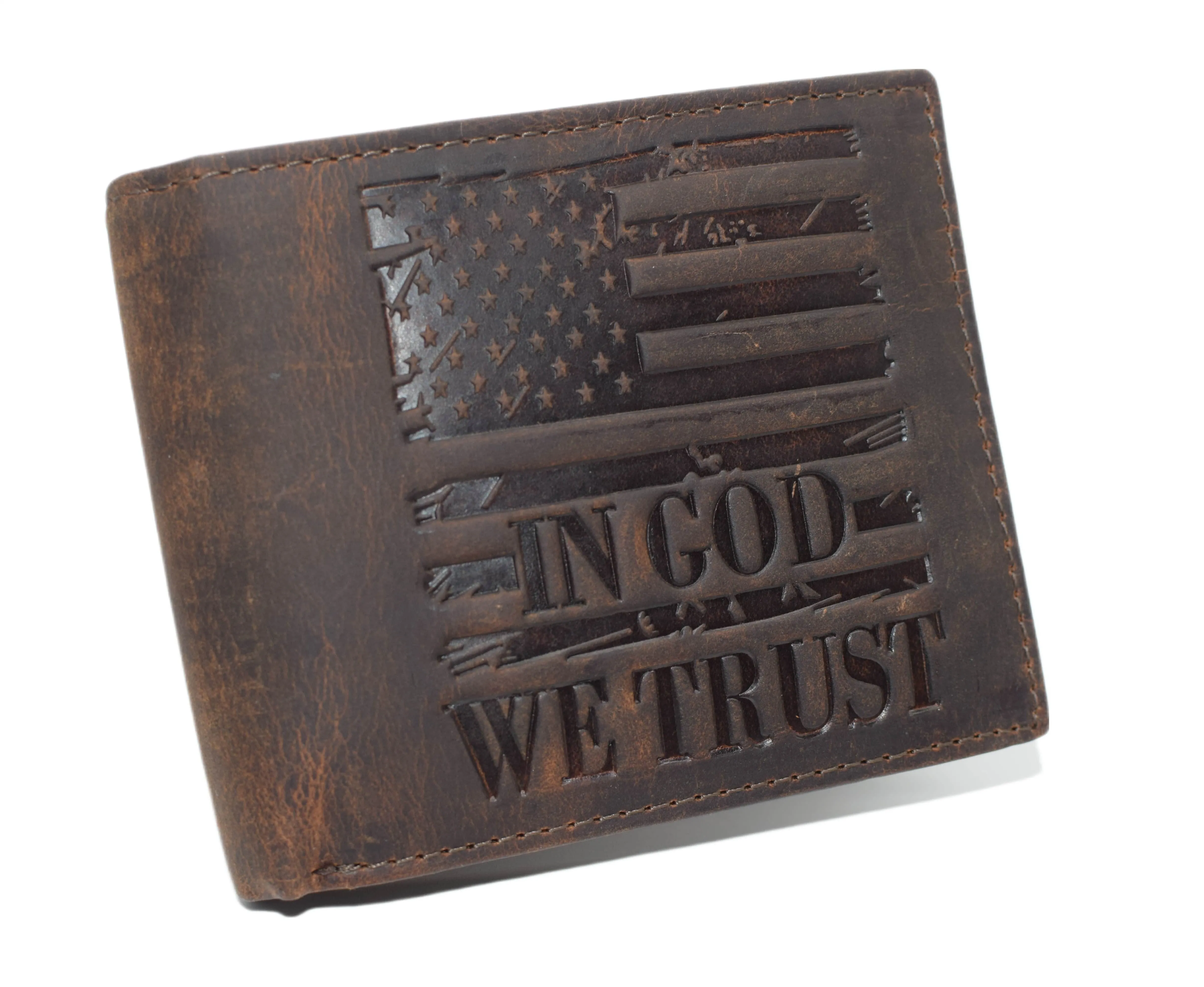 Distressed Vintage Leather Patriotic American Flag Wallet - Western Style ‘IN GOD WE TRUST’ RFID Blocking Leather US Flag Men's Bifold Wallet
