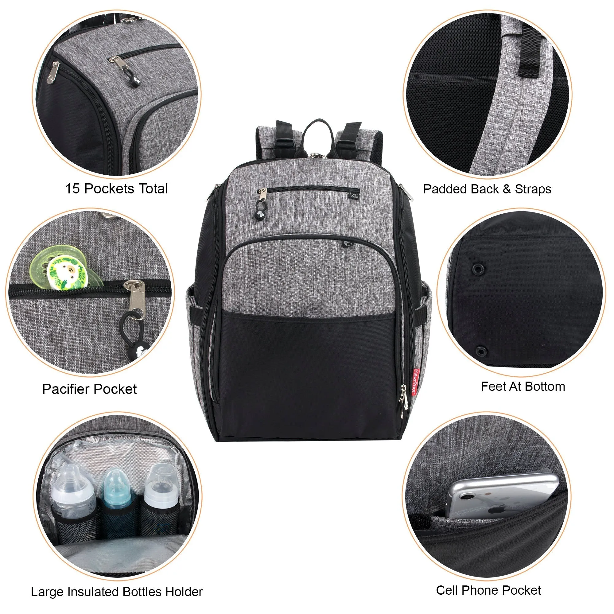 Fisher-Price Fastfinder Multi-Pocket Diaper Bag Backpack - Heather Grey