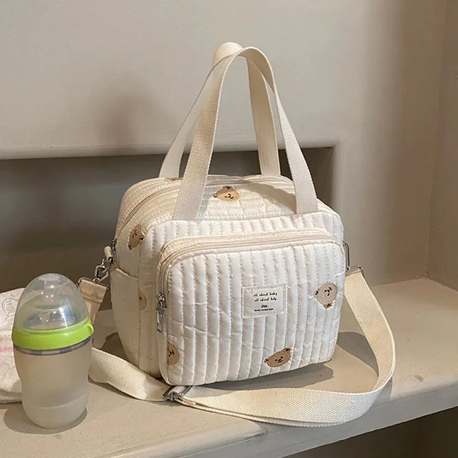 Flower and Bear Embroidery Design Baby Diaper Handbag