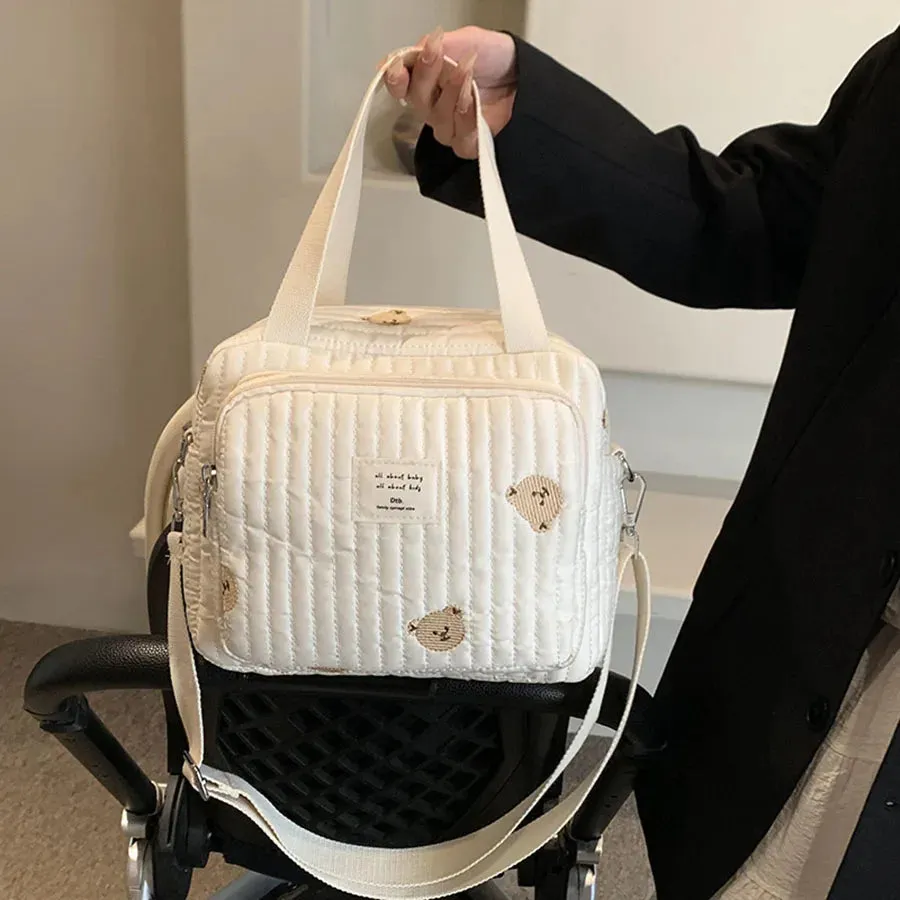 Flower and Bear Embroidery Design Baby Diaper Handbag