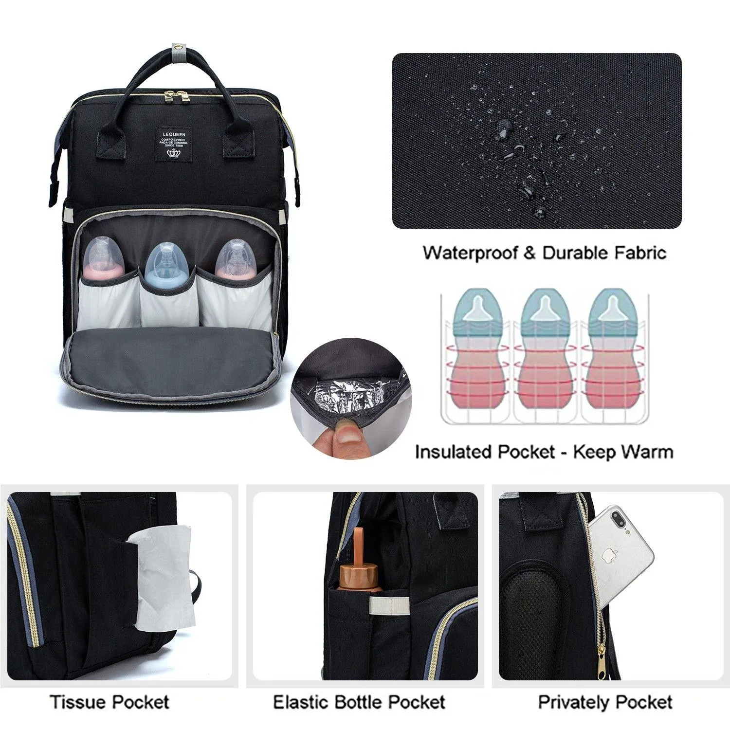 LEQUEEN Portable 3 in 1 Baby Travel Folding Crib Bed Diaper Bags