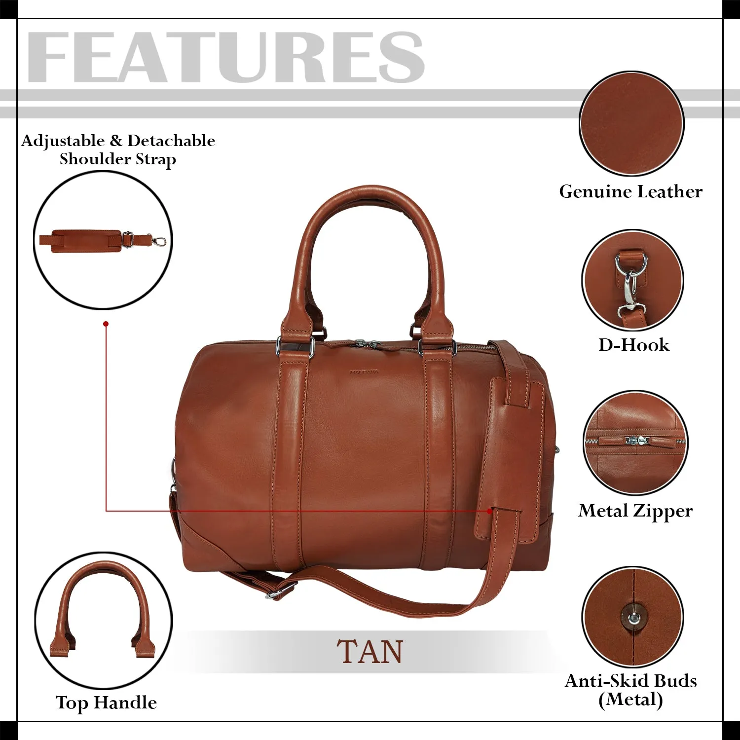 MANDAVA Genuine Leather Unisex Travel Duffel Bag, Shoulder Weekender Overnight Luggage Bag (Tan)