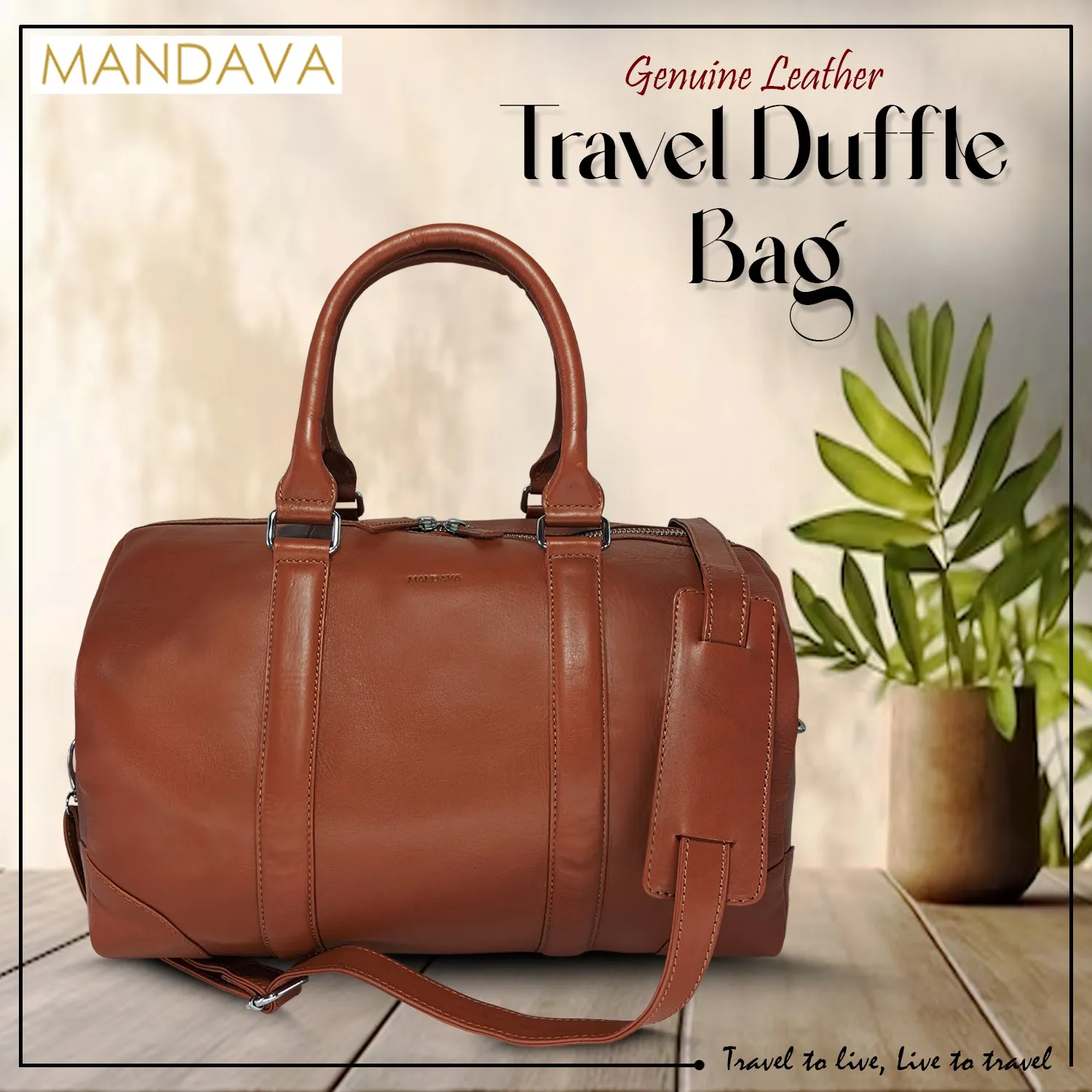 MANDAVA Genuine Leather Unisex Travel Duffel Bag, Shoulder Weekender Overnight Luggage Bag (Tan)