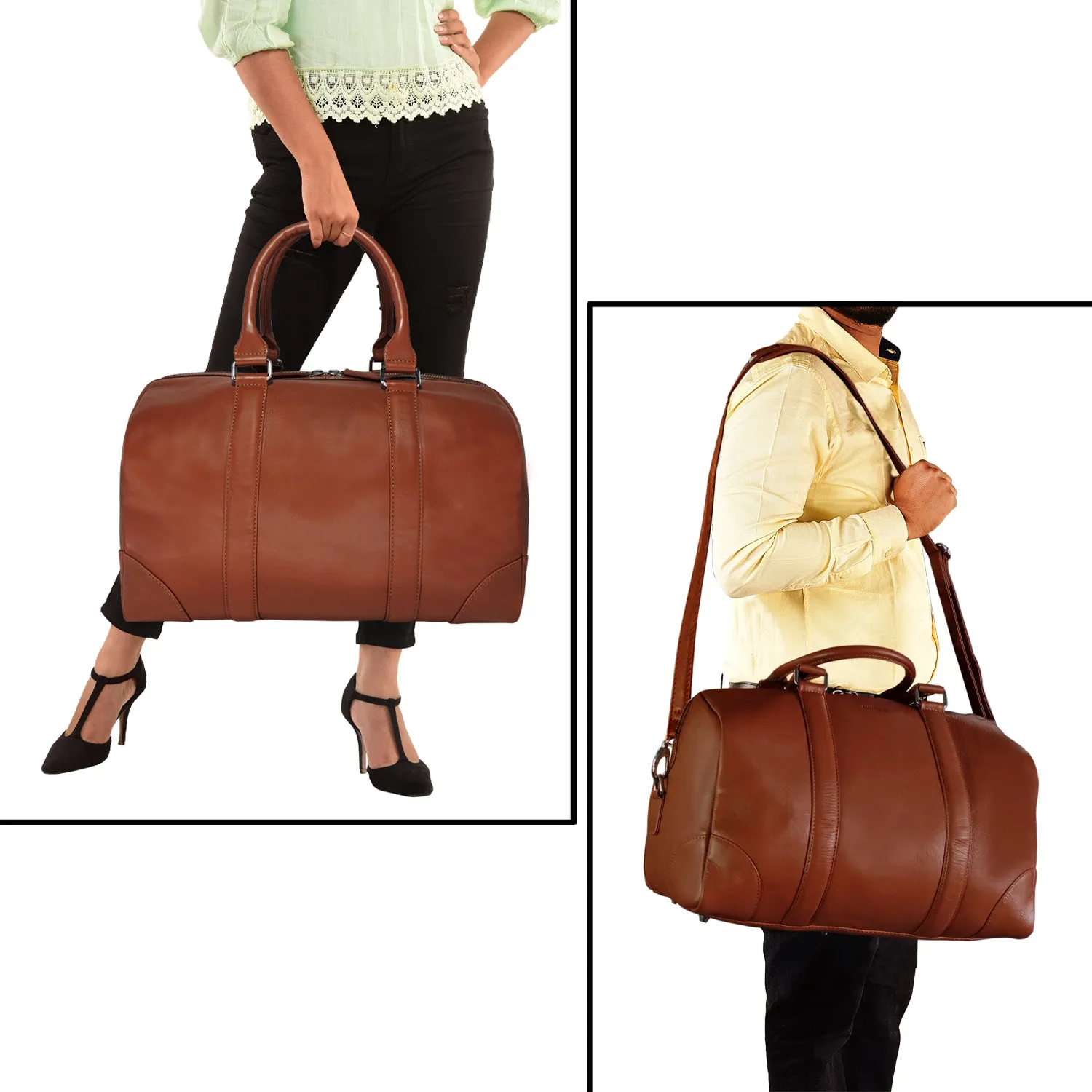 MANDAVA Genuine Leather Unisex Travel Duffel Bag, Shoulder Weekender Overnight Luggage Bag (Tan)