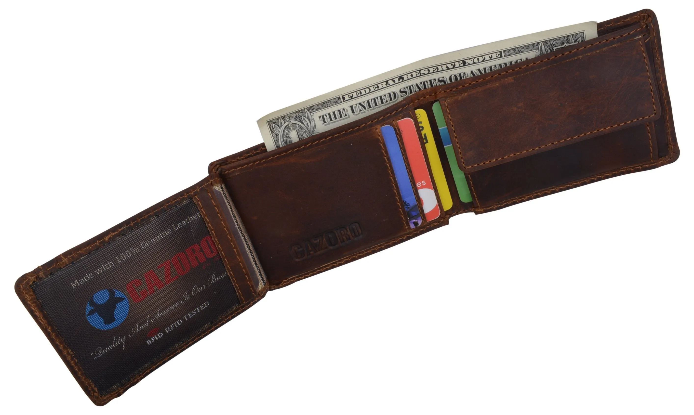 New Cazoro RFID Premium Vintage Leather Small Slim Mens Bifold Wallet with Coin Pouch