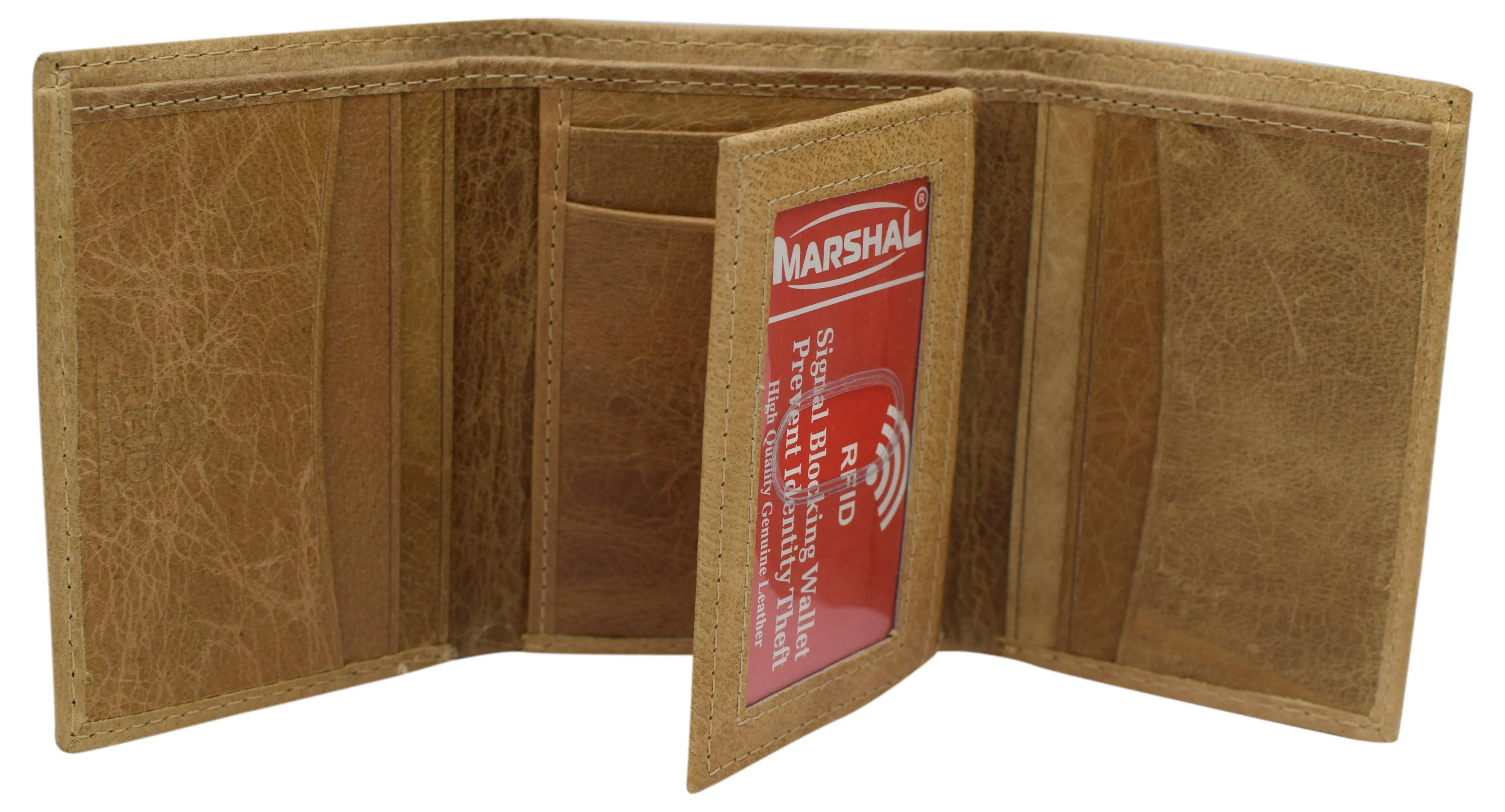 RFID621107TN Marshal RFID Protected Men's Cowhide Leather Trifold Wallet with 9 Card Slots 2 Note Pocket & 2 ID Windows