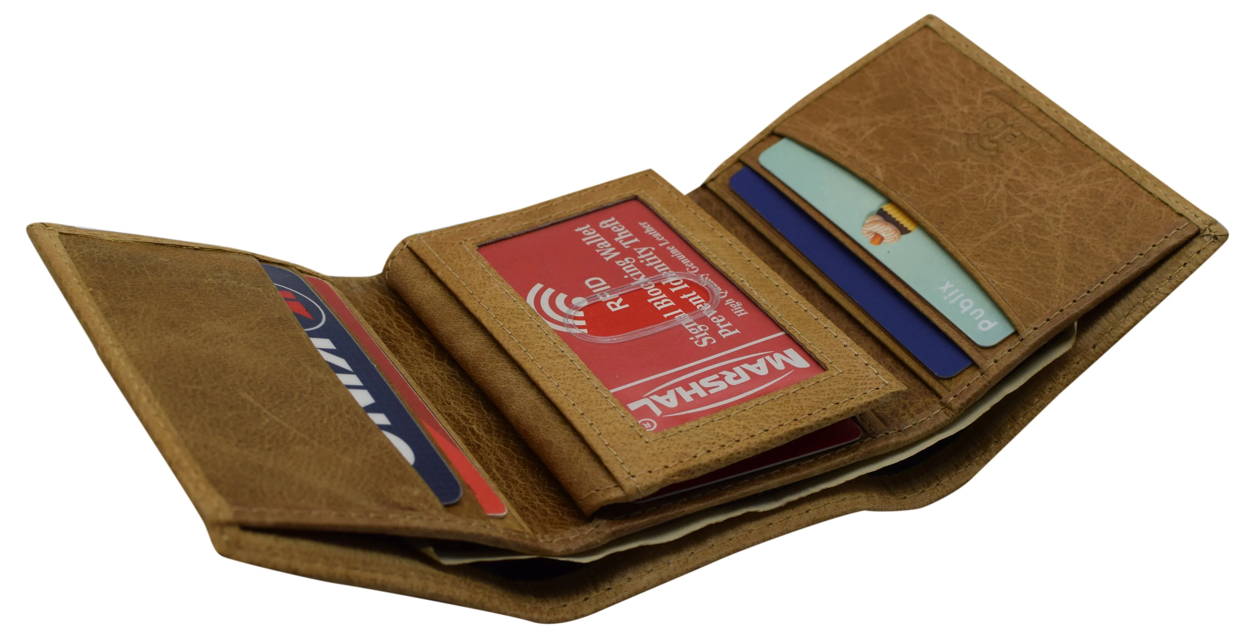 RFID621107TN Marshal RFID Protected Men's Cowhide Leather Trifold Wallet with 9 Card Slots 2 Note Pocket & 2 ID Windows