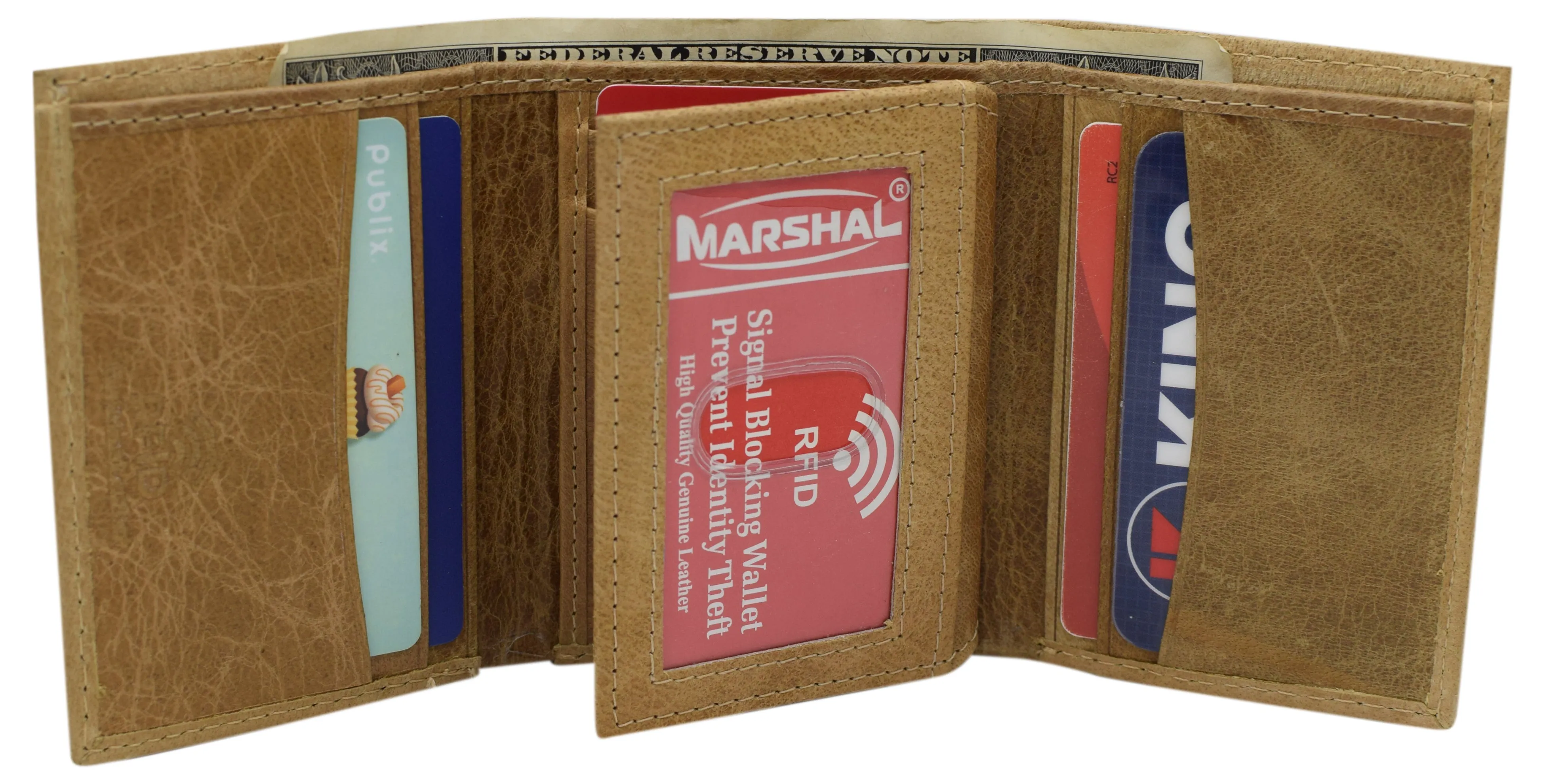 RFID621107TN Marshal RFID Protected Men's Cowhide Leather Trifold Wallet with 9 Card Slots 2 Note Pocket & 2 ID Windows