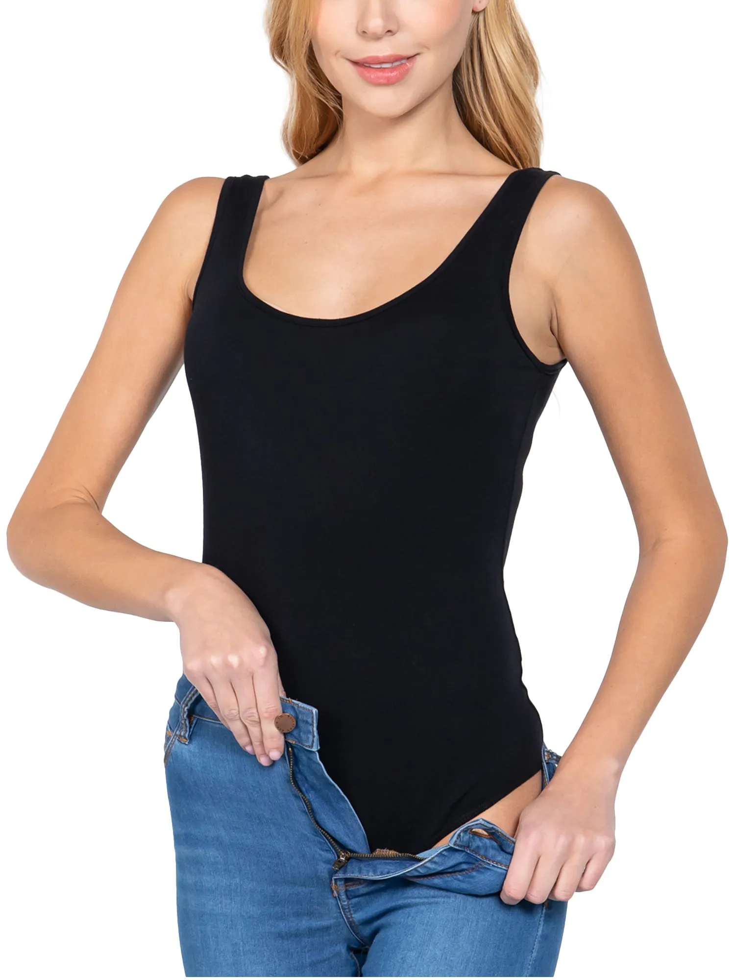 Scoop Neck Sleeveless Stretch Cotton Bodysuit Tank Top (FWT1198)
