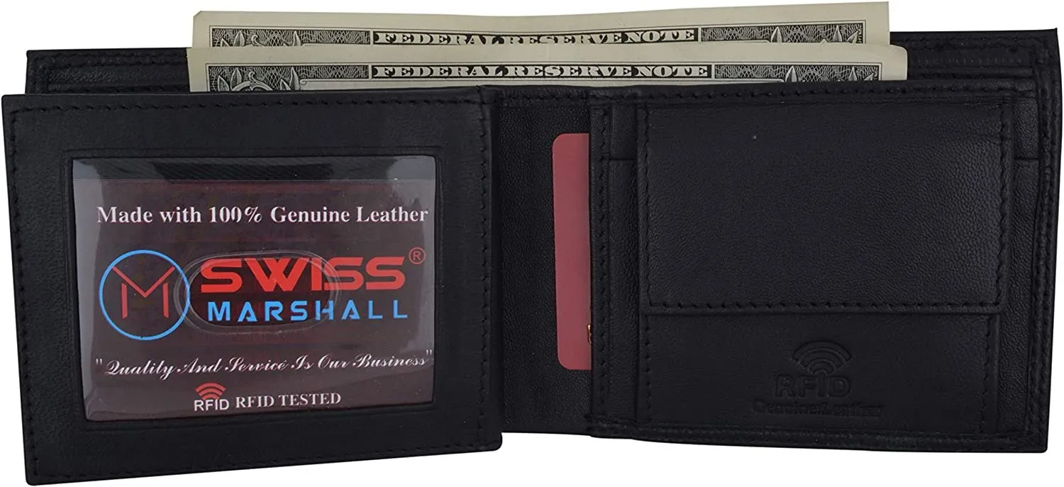 Swiss Marshall RFID Blocking Men's Bifold Premium Leather Credit Card ID Holder Wallet with Coin Pouch